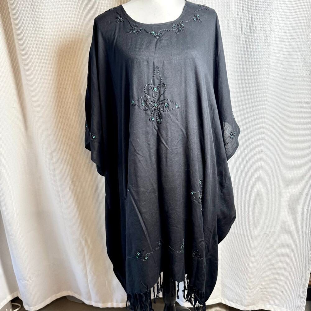 Island Planet Black Swim Cover Up Rayon Womens OS Embroidered Sequined Fringe